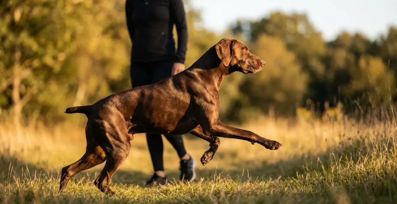 Grand chien braque brun effectuant un mouvement élégant d'obérythmée avec son maître dans un parc