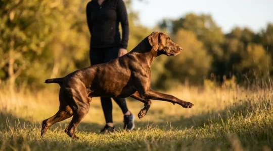 Grand chien braque brun effectuant un mouvement élégant d'obérythmée avec son maître dans un parc