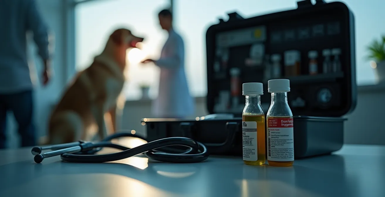 Scène d'urgence vétérinaire avec un grand chien et son propriétaire inquiet