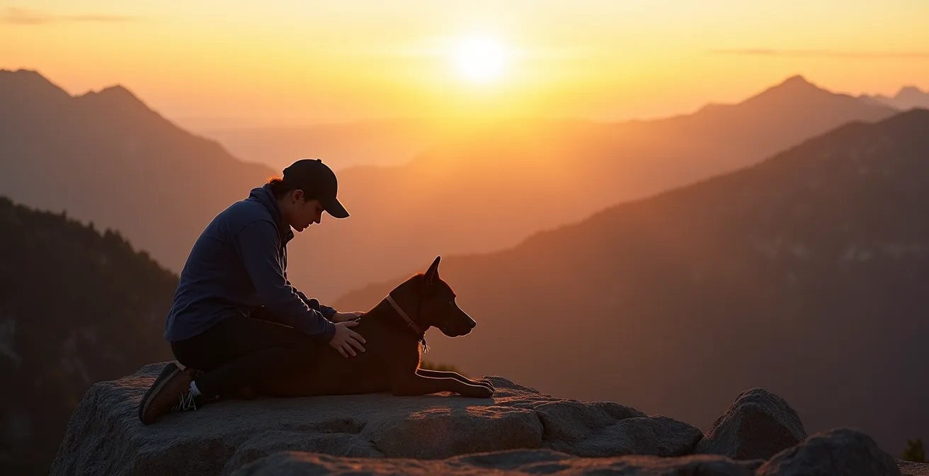 Maître massant doucement les épaules de son chien après une randonnée en montagne