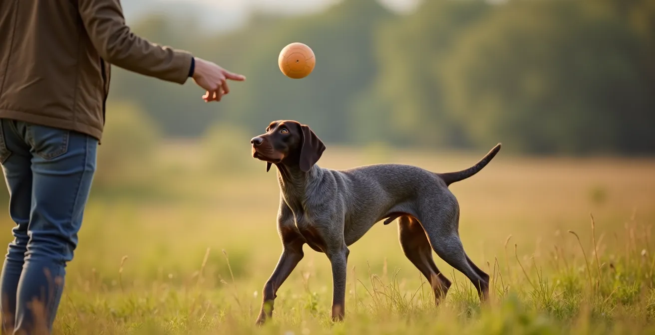 Chien et maître en pleine séance de jeu coopératif avec balle dans un champ