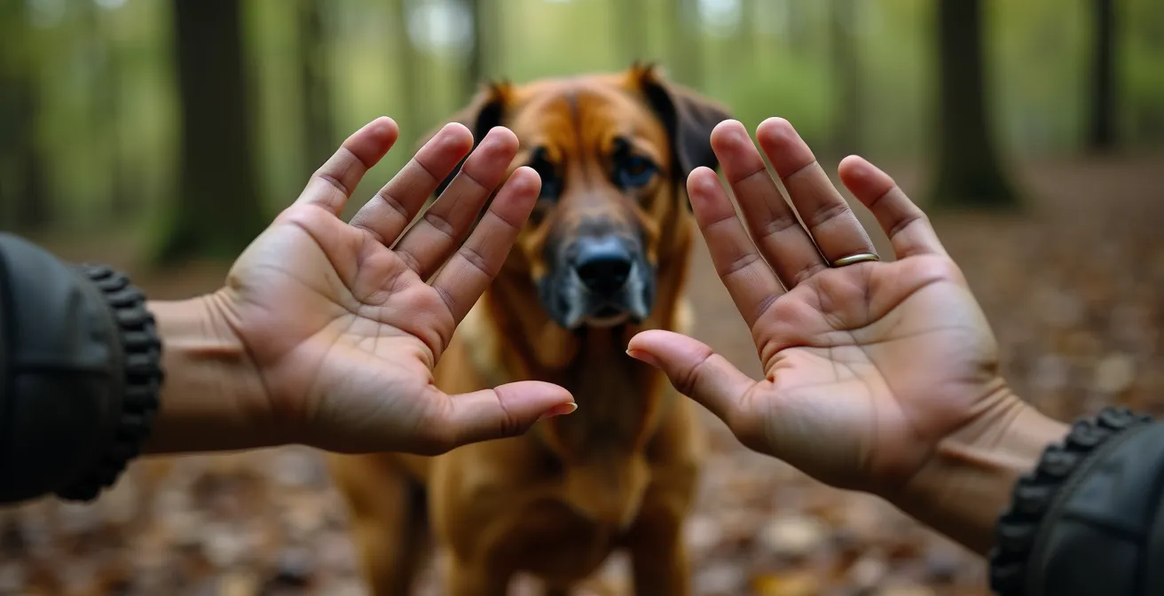 Gros plan sur les mains d'un maître faisant un geste codé à son chien attentif en forêt