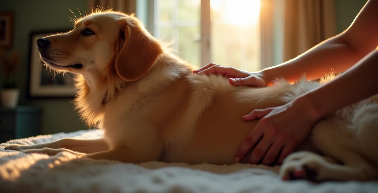 Mains massant délicatement les muscles lombaires d'un chien après l'effort