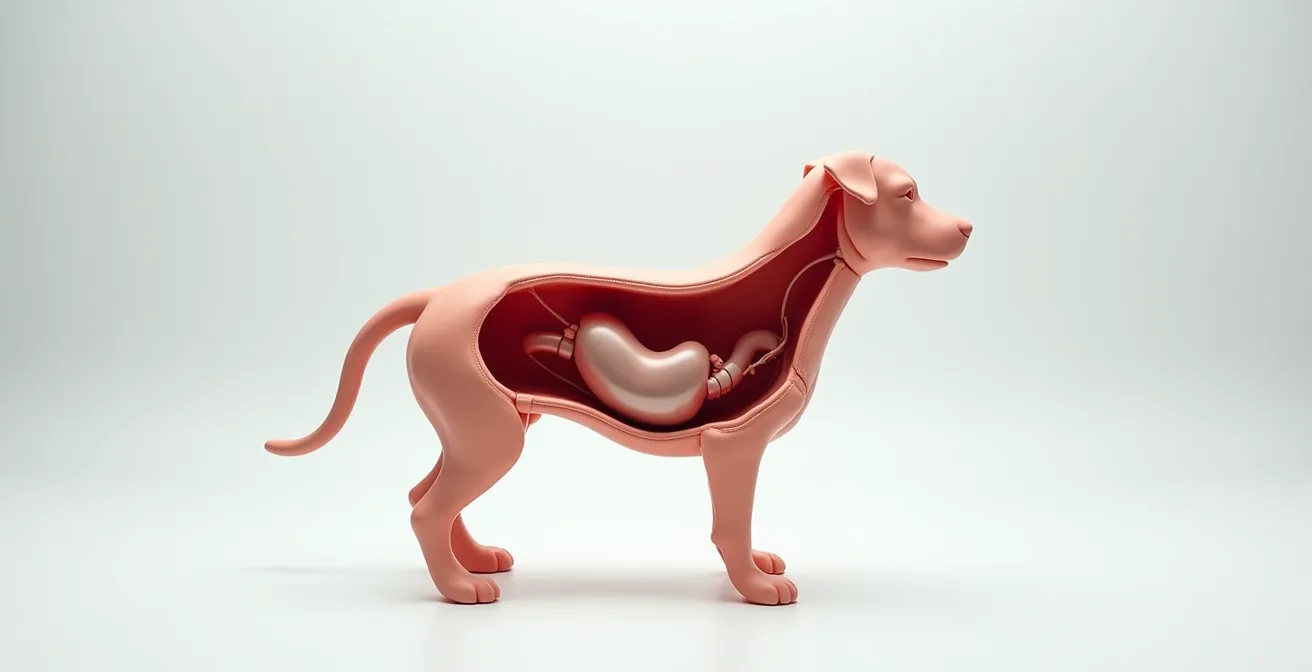 Vue anatomique du thorax d'un grand chien montrant l'estomac et les ligaments