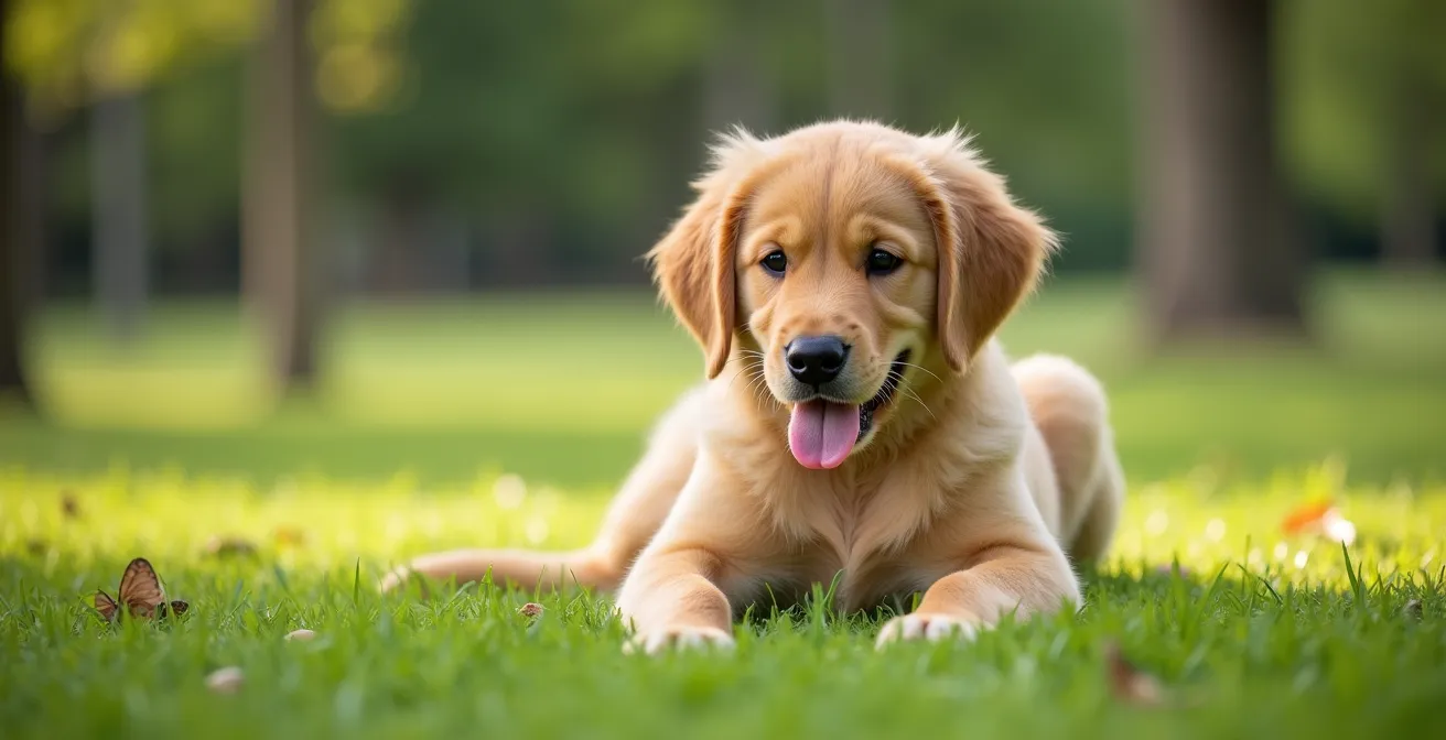 Chiot golden retriever montrant des signes de fatigue après exercice, assis sur herbe