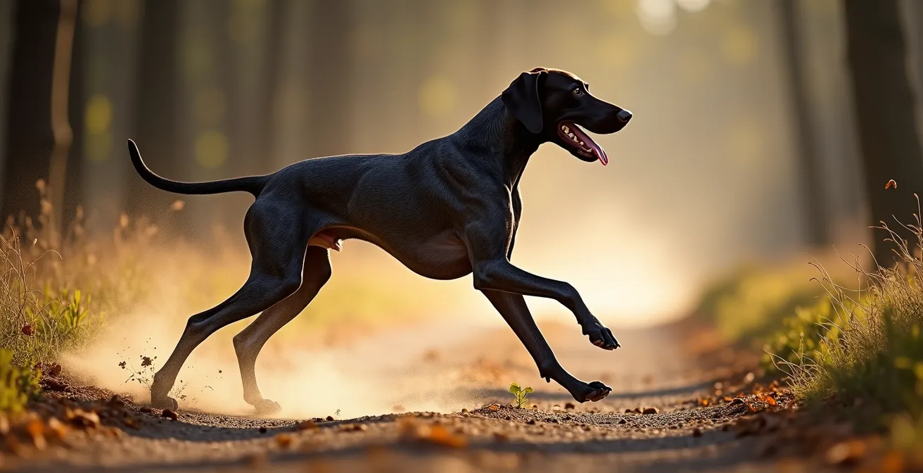 Chien arrêté net en pleine course sur ordre d'urgence dans un environnement naturel
