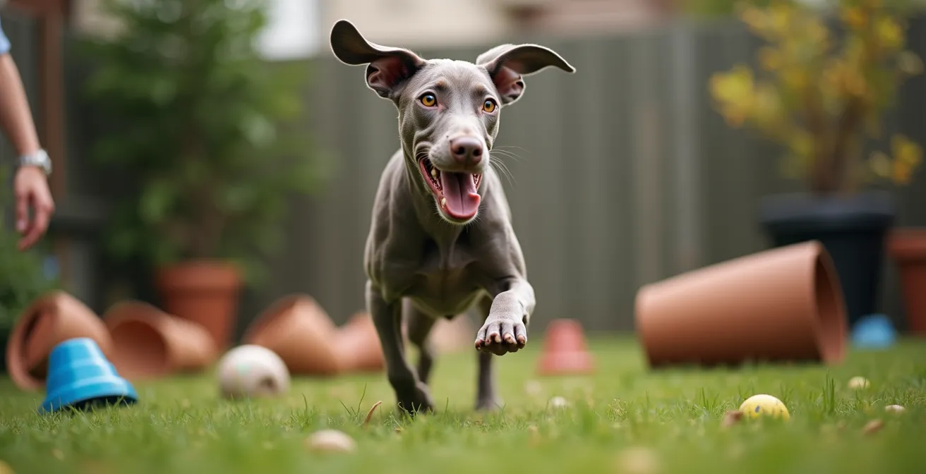 Jeune Braque en phase d'adolescence montrant des signes d'énergie débordante dans un jardin