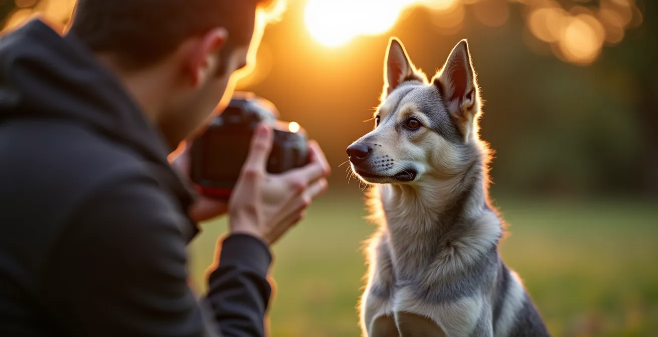 Chien en position de profil avec pelage gris argenté sous lumière naturelle