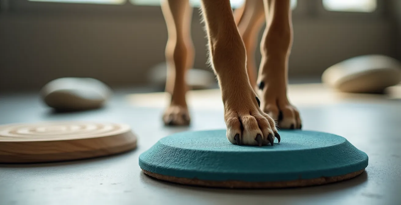 Chien pratiquant des exercices de proprioception sur des surfaces instables pour le renforcement articulaire