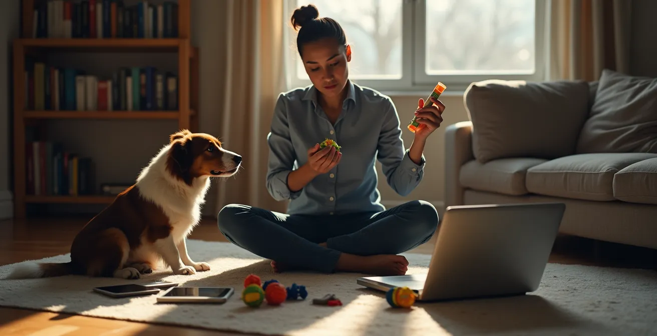 Propriétaire entouré d'écrans montrant différentes méthodes de dressage, son chien confus à ses côtés