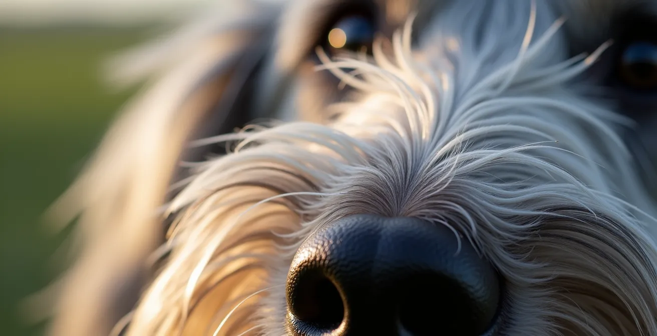 Gros plan sur le pelage gris d'un chien montrant les variations de couleur