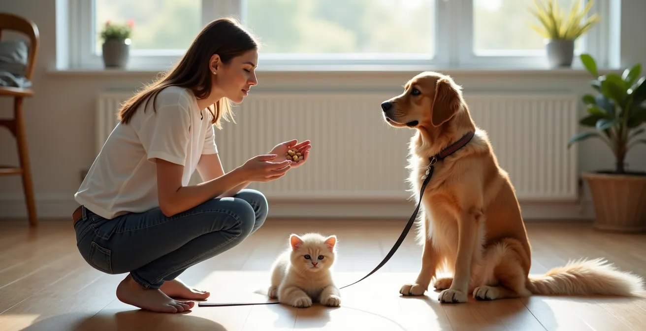 Séquence d'entraînement avec peluche de chat et chien en laisse