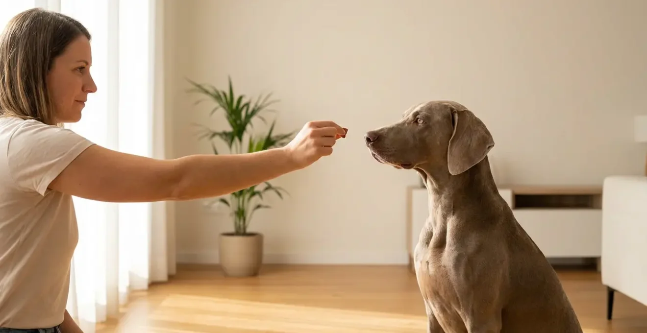 Maître éduquant son Braque de Weimar avec une approche positive dans un salon