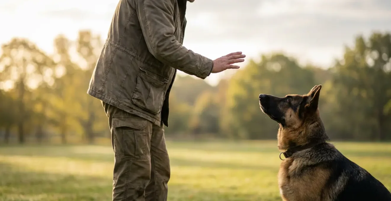 Maître donnant un ordre unique et clair à son chien avec posture assertive dans un parc