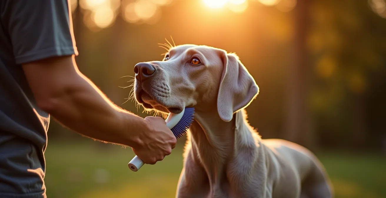 Propriétaire brossant son Braque de Weimar dans un jardin après une promenade