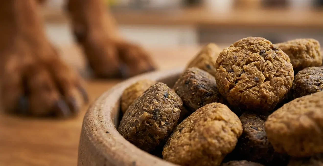 Vue macro d'une gamelle avec croquettes et pattes de chien floues en arrière-plan