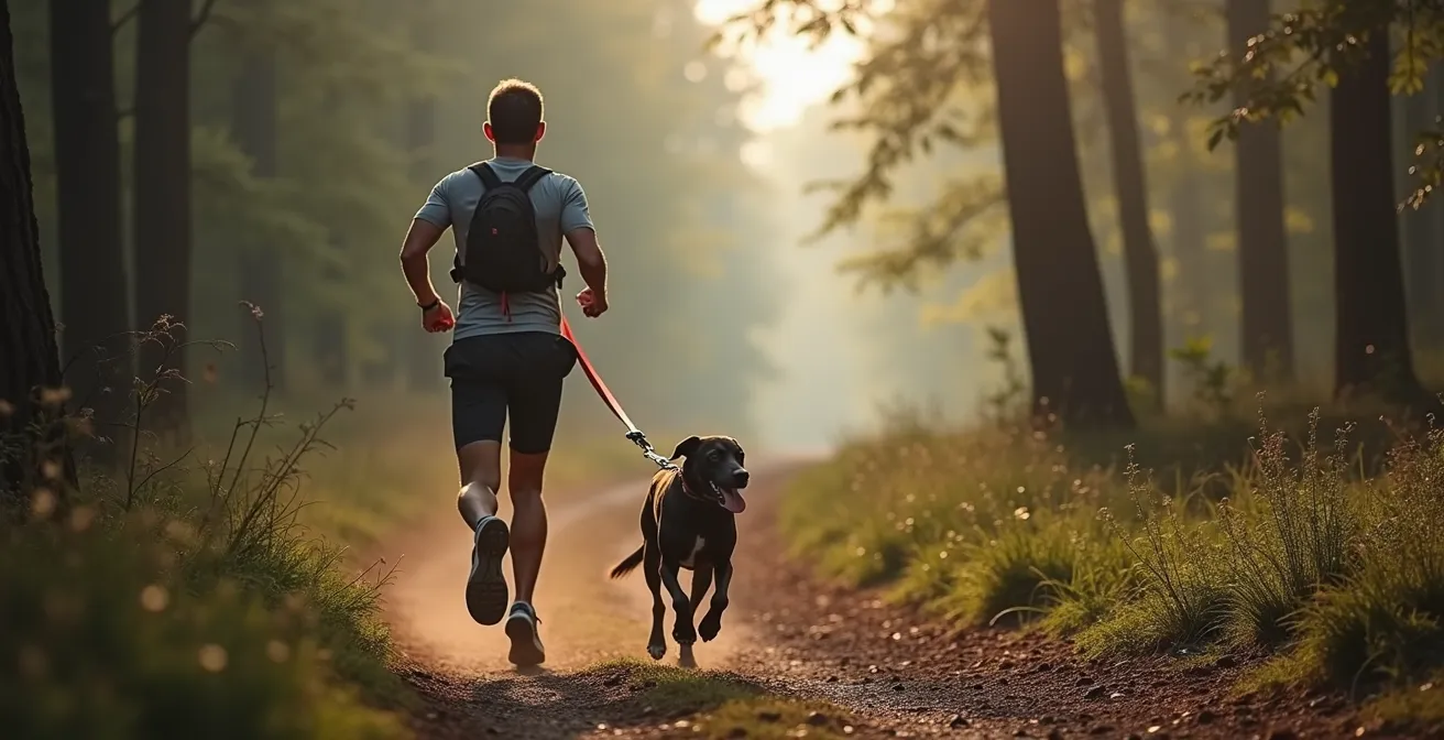 Vue d'un coureur en canicross avec une posture correcte, montrant le baudrier bien positionné sur les hanches et la ligne de trait formant un angle idéal.
