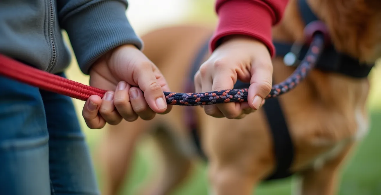 Adulte et enfant tenant chacun une laisse attachée au même harnais d'un chien