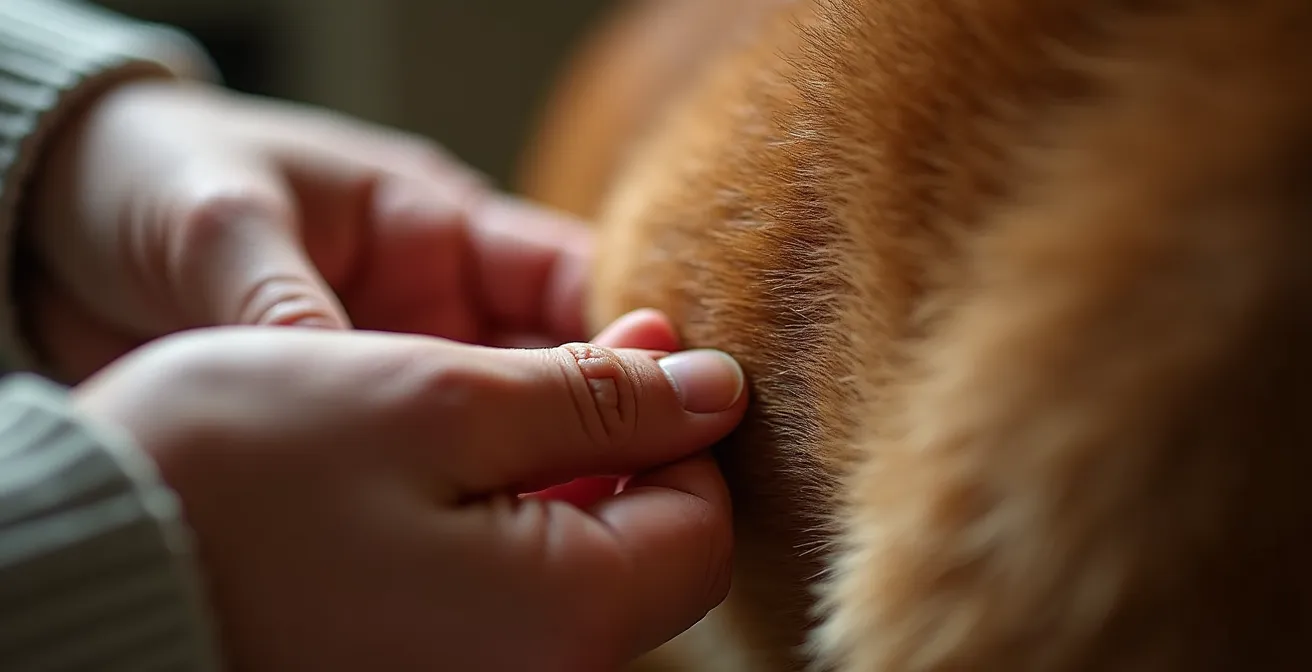 Mains d'un propriétaire effectuant une palpation douce sur le flanc d'un chien allongé