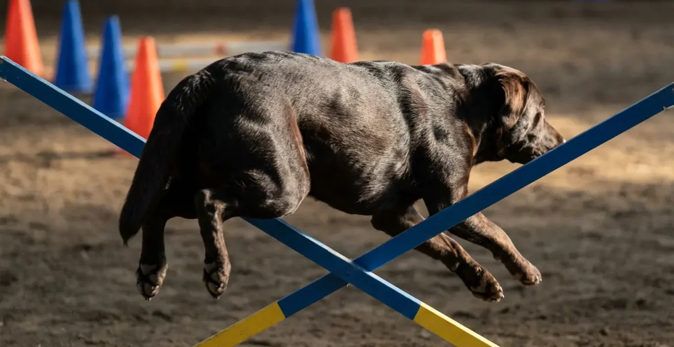 Grand chien exécutant un virage serré autour d'un piquet en agility avec technique de saut regroupé
