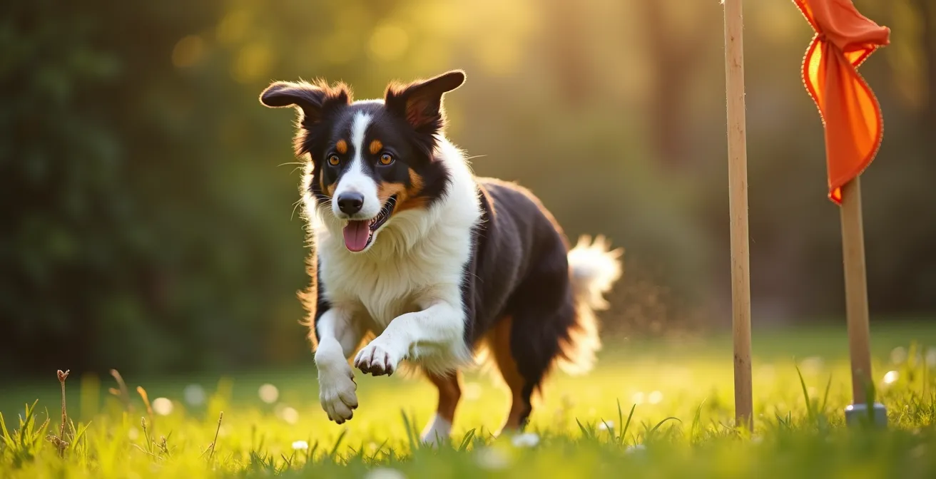 Chien bondissant pour attraper un leurre au bout d'une canne à pêche dans un jardin