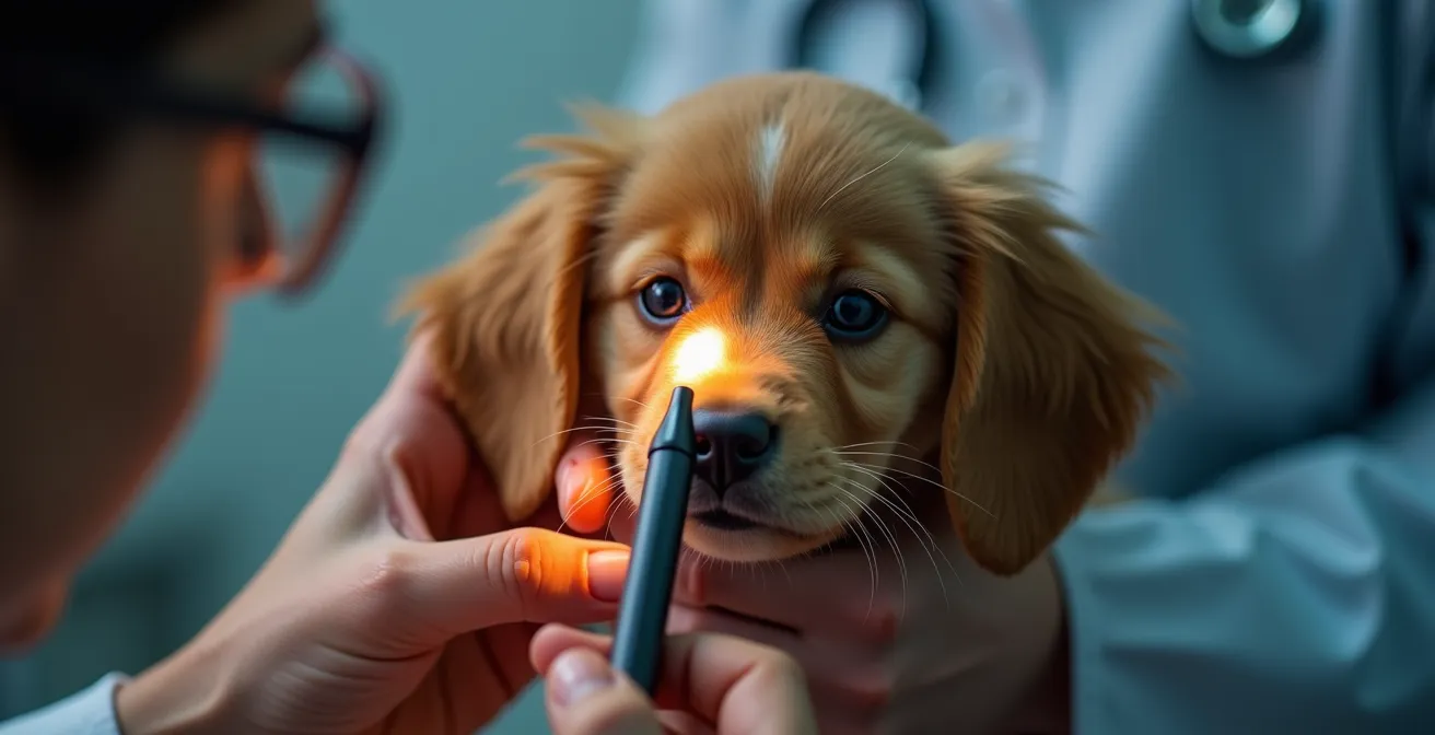 Vétérinaire examinant l'œil d'un chiot avec une source lumineuse douce montrant les reflets dans le cristallin