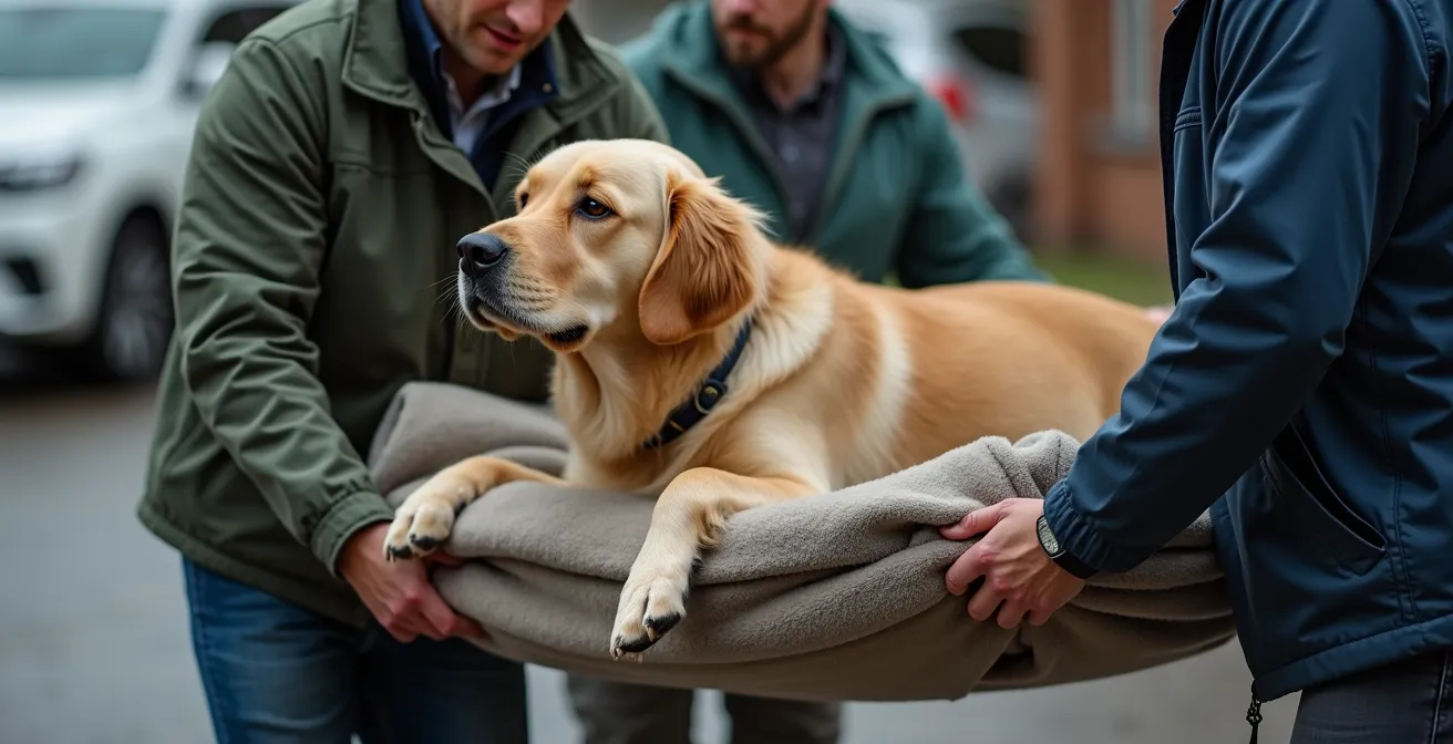 Deux personnes transportant délicatement un grand chien sur une couverture