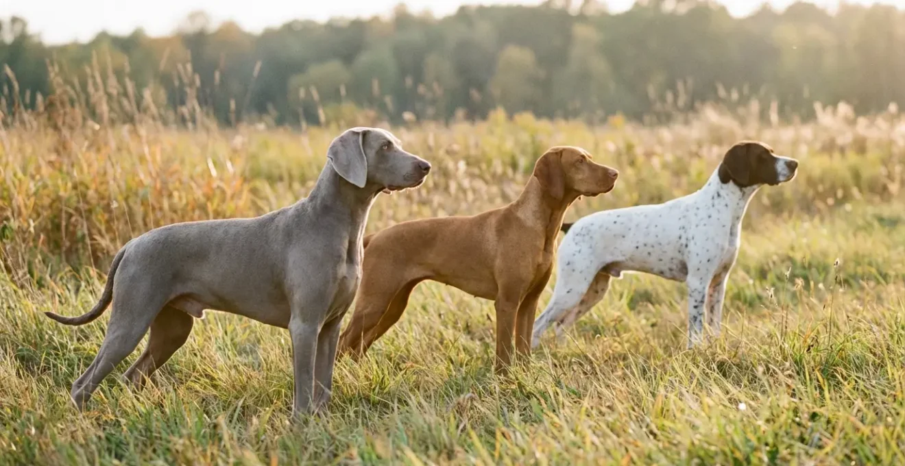 Trois chiens d'arrêt de profil dans la nature : Braque de Weimar gris argenté, Vizsla doré et Pointer blanc tacheté