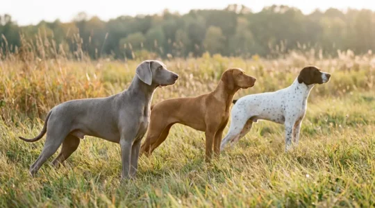 Trois chiens d'arrêt de profil dans la nature : Braque de Weimar gris argenté, Vizsla doré et Pointer blanc tacheté