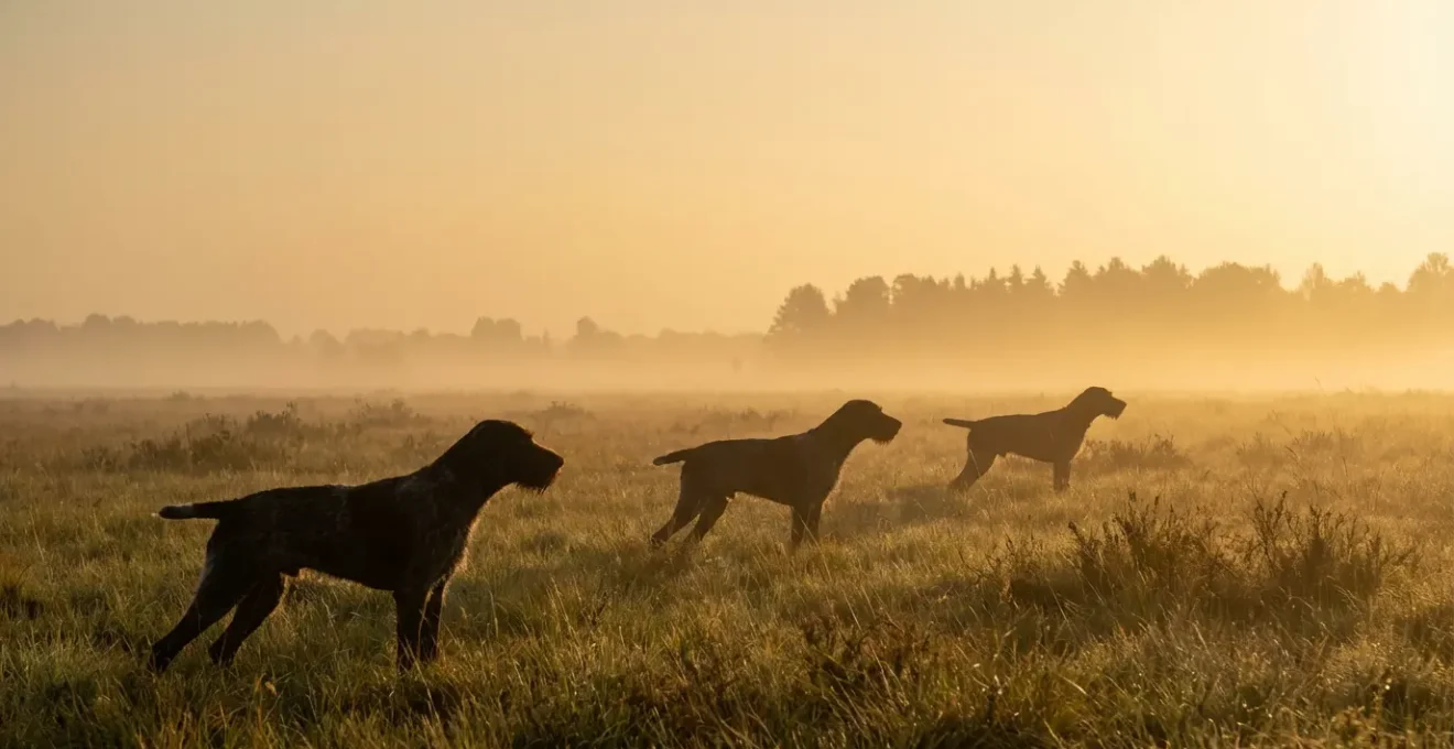 Trois chiens d'arrêt en position de pointage dans une prairie au lever du soleil