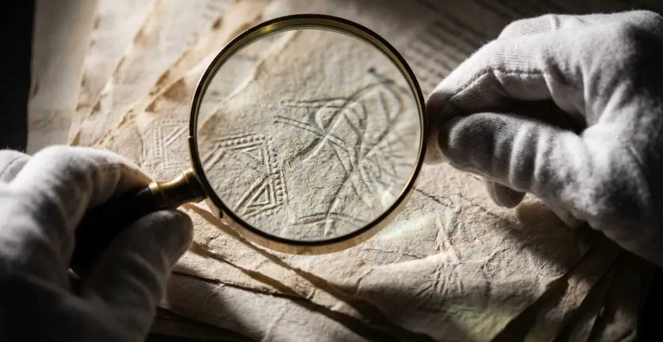 Mains examinant des documents de pedigree avec une loupe, symbolisant la vérification minutieuse