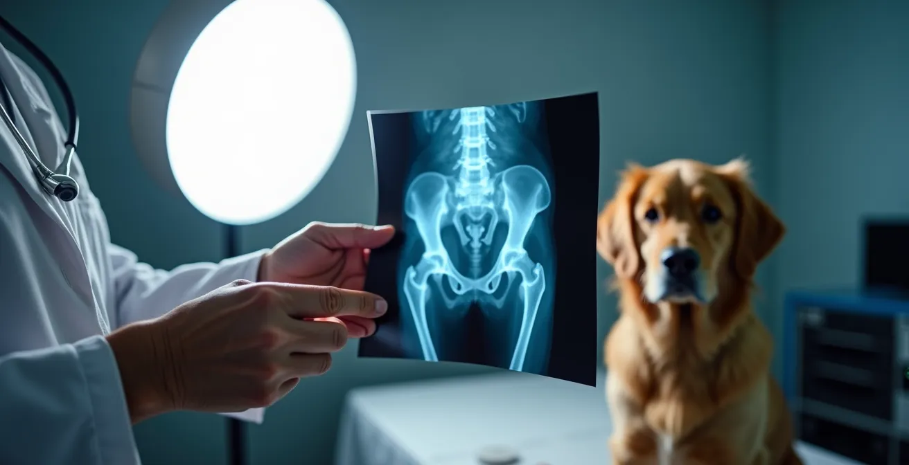 Vétérinaire examinant une radiographie de hanches de chien montrant les signes de dysplasie