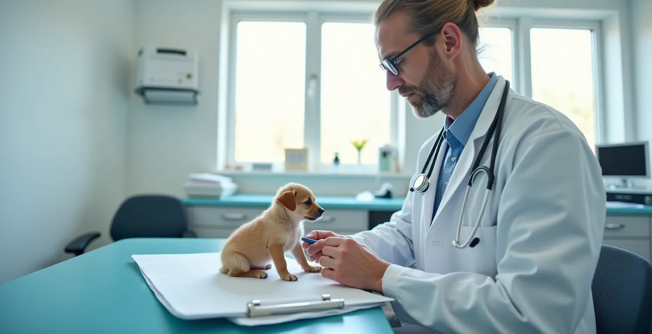 Vétérinaire examinant un chiot avec stéthoscope dans une clinique professionnelle