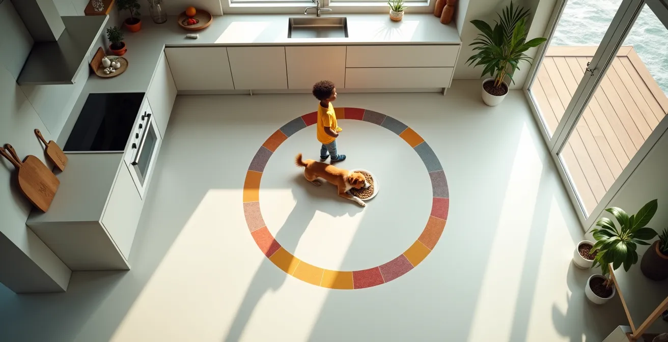 Vue aérienne d'une cuisine montrant une zone délimitée autour de la gamelle du chien