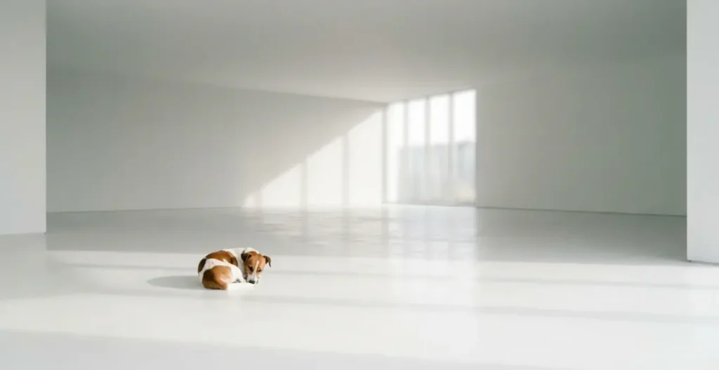 Vue environnementale d'un chien montrant les signes de détresse acquise dans son contexte Vue environnementale d'un chien montrant les signes de détresse acquise dans son contexte